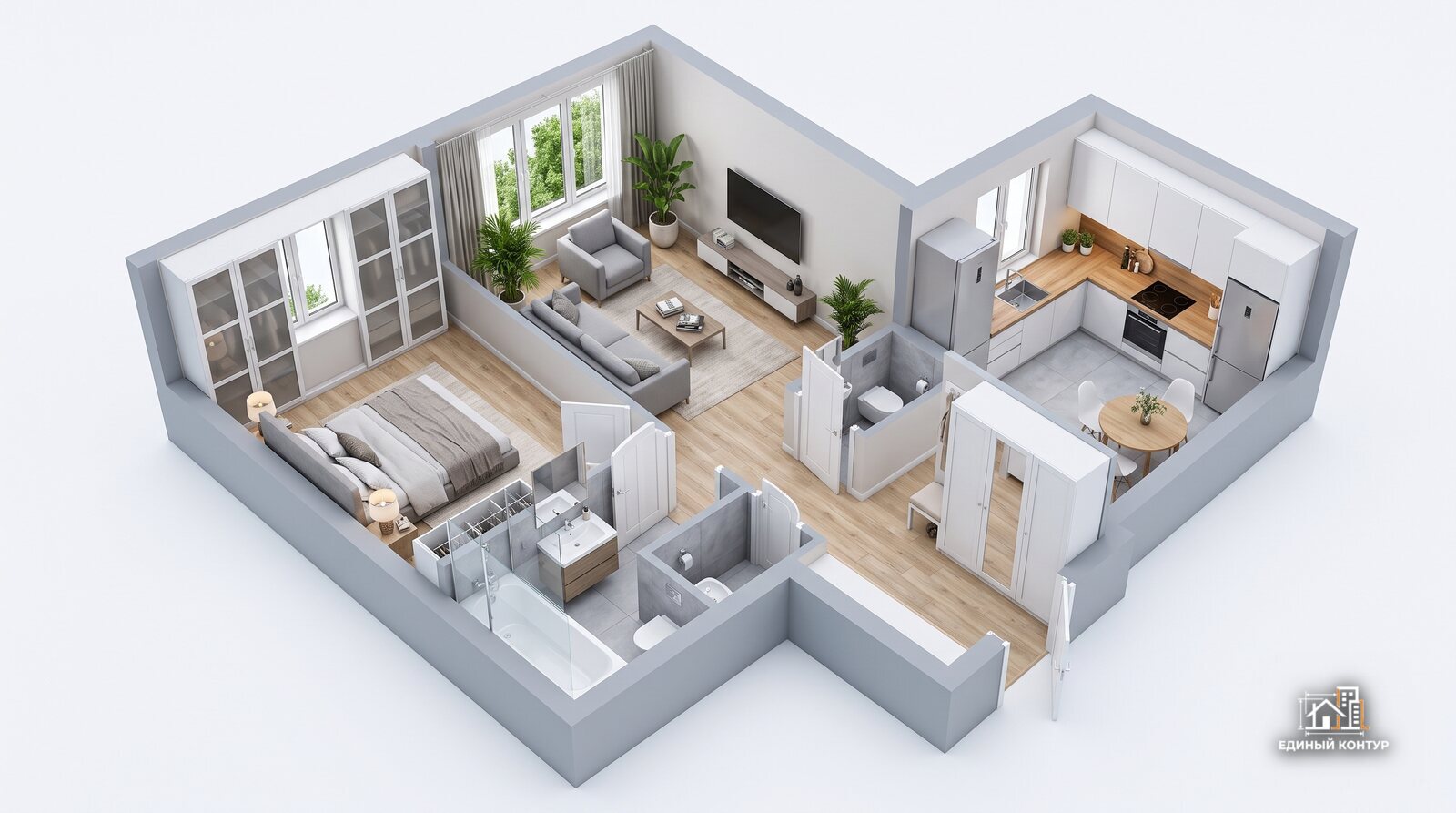 Двухкомнатная квартира 45 м² — планировка, дизайн-проект ремонта под ключ