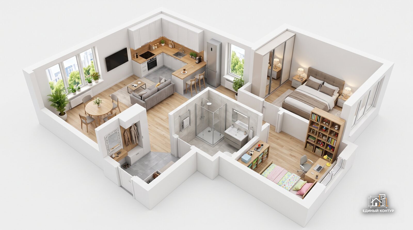 Евротрёшка квартира 58 м² — планировка, дизайн-проект ремонта под ключ