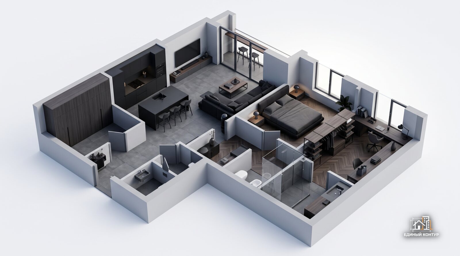 Тёмный хай-тек квартира 98 м² — планировка, дизайн-проект ремонта под ключ